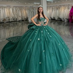 Sequin Emerald Green Quince Dress Sweetheart Neck Girls Sweet 16 Dresses Lace Appliques Vestidos De 15 Anos Sleeveless Wear Pageant With Bow