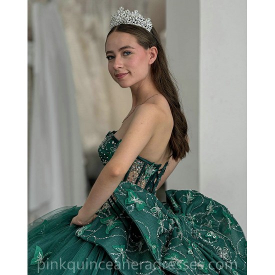 Sequin Emerald Green Quince Dress Sweetheart Neck Girls Sweet 16 Dresses Lace Appliques Vestidos De 15 Anos Sleeveless Wear Pageant With Bow