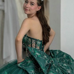 Sequin Emerald Green Quince Dress Sweetheart Neck Girls Sweet 16 Dresses Lace Appliques Vestidos De 15 Anos Sleeveless Wear Pageant With Bow