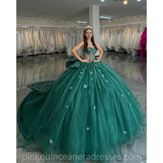 Sequin Emerald Green Quince Dress Sweetheart Neck Girls Sweet 16 Dresses Lace Appliques Vestidos De 15 Anos Sleeveless Wear Pageant With Bow