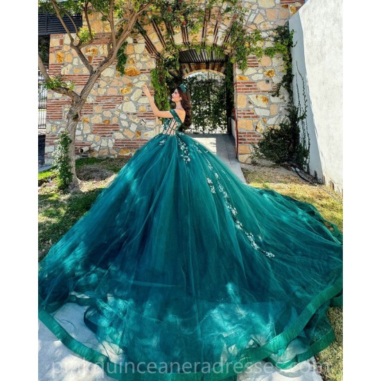 Off Shoulder Emerald Green Quinceanera Dress Lace Appliques Sweet 15 Prom Party Dresses V Neck Wear Pageant