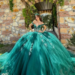 Off Shoulder Emerald Green Quinceanera Dress Lace Appliques Sweet 15 Prom Party Dresses V Neck Wear Pageant