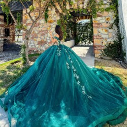 Off Shoulder Emerald Green Quinceanera Dress Lace Appliques Sweet 15 Prom Party Dresses V Neck Wear Pageant