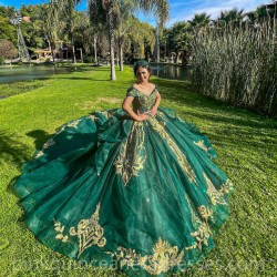 Off Shoulder Emerald Green Quinceanera Dress Vestidos De 15 Anos Lace Appliques Wear Pageant With Bow