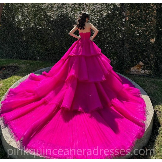 Fuchsia Quinceanera Dress Tiered Sequin Vestidos De 15 Anos Wear Pageant Sweetheart Women 2024 Ball Gown