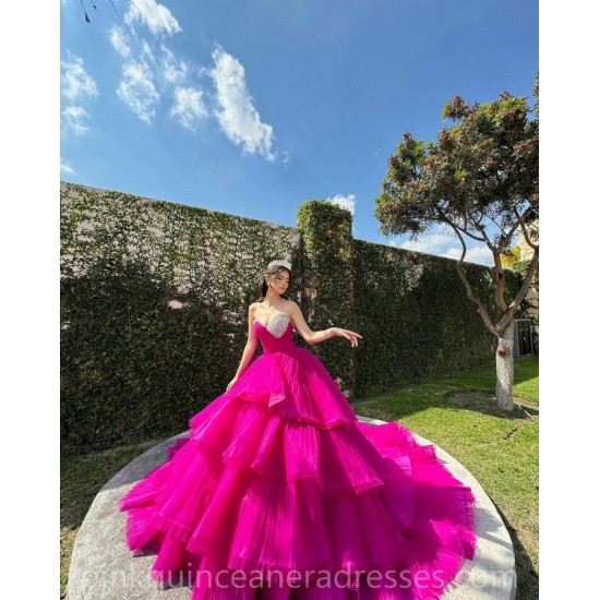 Fuchsia Quinceanera Dress Tiered Sequin Vestidos De 15 Anos Wear Pageant Sweetheart Women 2024 Ball Gown