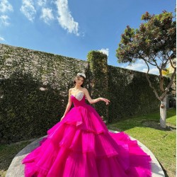 Fuchsia Quinceanera Dress Tiered Sequin Vestidos De 15 Anos Wear Pageant Sweetheart Women 2024 Ball Gown