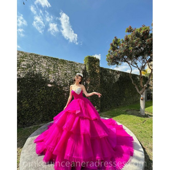 Fuchsia Quinceanera Dress Tiered Sequin Vestidos De 15 Anos Wear Pageant Sweetheart Women 2024 Ball Gown