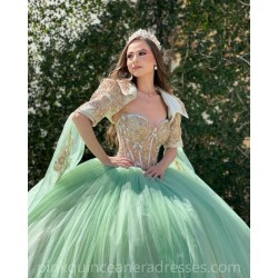 Green On Gold Quinceanera Dress Jacket Wear Pageant Vestidos De 15 Anos Lace Appliques Wear Pageant