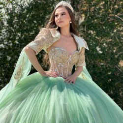 Green On Gold Quinceanera Dress Jacket Wear Pageant Vestidos De 15 Anos Lace Appliques Wear Pageant