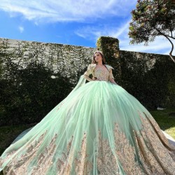 Green On Gold Quinceanera Dress Jacket Wear Pageant Vestidos De 15 Anos Lace Appliques Wear Pageant