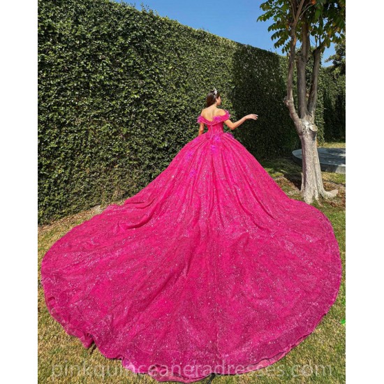 Sweetheart Neck Hot Pink Quince Dress Girls Sweet 16 Dresses Sequin Lace Appliques Vestidos De 15 Anos Off Shoulder Wear Pageant