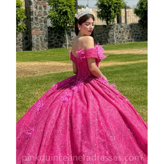 Sweetheart Neck Hot Pink Quince Dress Girls Sweet 16 Dresses Sequin Lace Appliques Vestidos De 15 Anos Off Shoulder Wear Pageant