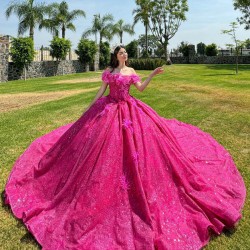 Sweetheart Neck Hot Pink Quince Dress Girls Sweet 16 Dresses Sequin Lace Appliques Vestidos De 15 Anos Off Shoulder Wear Pageant