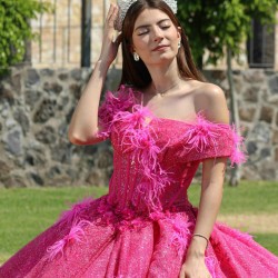 Sweetheart Neck Hot Pink Quince Dress Girls Sweet 16 Dresses Sequin Lace Appliques Vestidos De 15 Anos Off Shoulder Wear Pageant