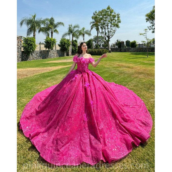 Sweetheart Neck Hot Pink Quince Dress Girls Sweet 16 Dresses Sequin Lace Appliques Vestidos De 15 Anos Off Shoulder Wear Pageant