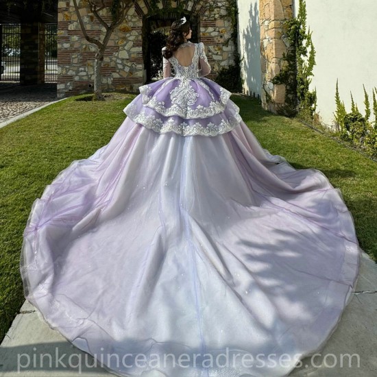 V Neck Lavender Quinceanera Dress Lace Appliques Birthday Party Dresses Long Sleeve Vestidos De 15 Anos