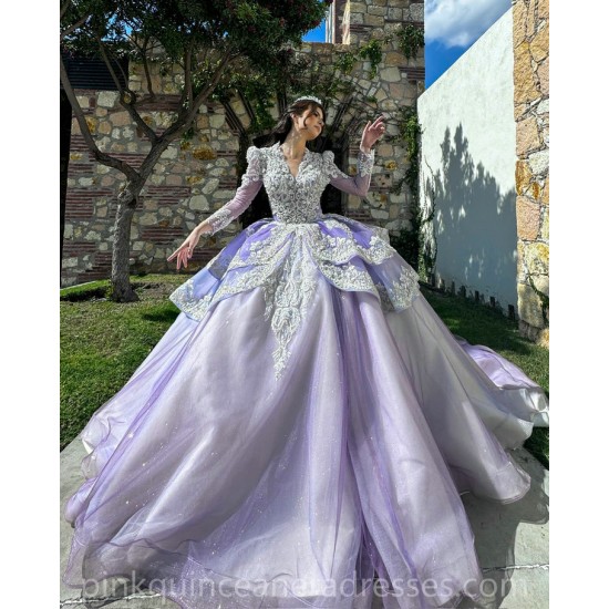 V Neck Lavender Quinceanera Dress Lace Appliques Birthday Party Dresses Long Sleeve Vestidos De 15 Anos