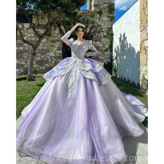 V Neck Lavender Quinceanera Dress Lace Appliques Birthday Party Dresses Long Sleeve Vestidos De 15 Anos