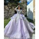 V Neck Lavender Quinceanera Dress Lace Appliques Birthday Party Dresses Long Sleeve Vestidos De 15 Anos