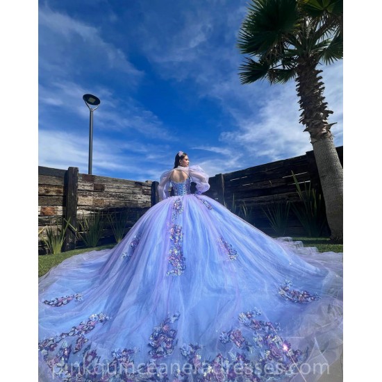 Jacket Lilac Quinceanera Dress Off Shoulder Sequin 3D Flowers Vestidos De 15 Anos Wear Pageant Sweetheart Women Tulle 2024 Ball Gown