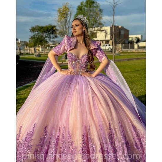 Two Piece Lilac Quinceanera Dress Sequin Vestidos De 15 Anos Lace Appliques Wear Pageant Sweetheart Women 2024 Ball Gown