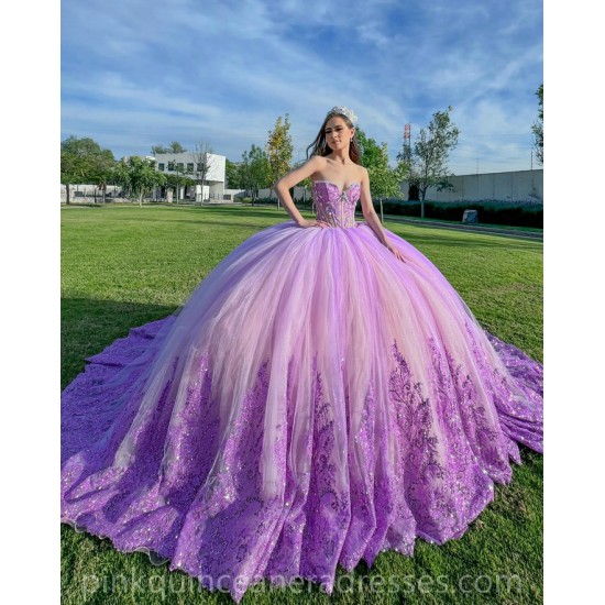 Two Piece Lilac Quinceanera Dress Sequin Vestidos De 15 Anos Lace Appliques Wear Pageant Sweetheart Women 2024 Ball Gown