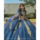 Navy Blue Quinceanera Dress Cape Sleeve Two Piece Birthday Party Gowns Gold Lace Appliques Sweetheart Neck Wear Pageant