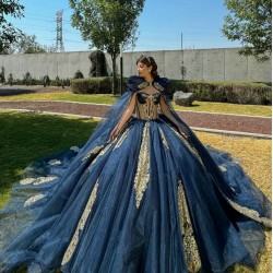 Navy Blue Quinceanera Dress Cape Sleeve Two Piece Birthday Party Gowns Gold Lace Appliques Sweetheart Neck Wear Pageant