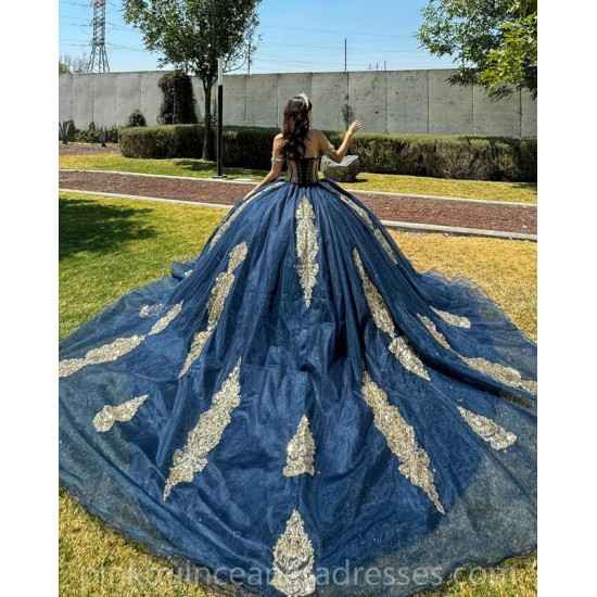 Navy Blue Quinceanera Dress Cape Sleeve Two Piece Birthday Party Gowns Gold Lace Appliques Sweetheart Neck Wear Pageant