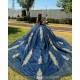 Navy Blue Quinceanera Dress Cape Sleeve Two Piece Birthday Party Gowns Gold Lace Appliques Sweetheart Neck Wear Pageant