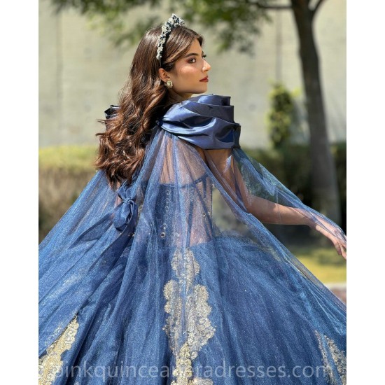 Navy Blue Quinceanera Dress Cape Sleeve Two Piece Birthday Party Gowns Gold Lace Appliques Sweetheart Neck Wear Pageant