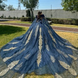 Navy Blue Quinceanera Dress Cape Sleeve Two Piece Birthday Party Gowns Gold Lace Appliques Sweetheart Neck Wear Pageant