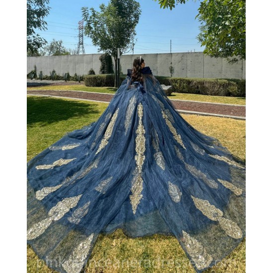 Navy Blue Quinceanera Dress Cape Sleeve Two Piece Birthday Party Gowns Gold Lace Appliques Sweetheart Neck Wear Pageant