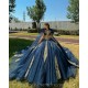 Navy Blue Quinceanera Dress Cape Sleeve Two Piece Birthday Party Gowns Gold Lace Appliques Sweetheart Neck Wear Pageant