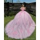 Pink Quince Dress Puff Sleeve Lace Appliques Birthday Party Gowns Sweetheart Crystal Girls Ball Gown Sweet 16 Dresses