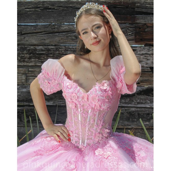 Pink Quince Dress Puff Sleeve Lace Appliques Birthday Party Gowns Sweetheart Crystal Girls Ball Gown Sweet 16 Dresses