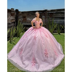 Pink Quince Dress Puff Sleeve Lace Appliques Birthday Party Gowns Sweetheart Crystal Girls Ball Gown Sweet 16 Dresses