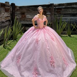 Pink Quince Dress Puff Sleeve Lace Appliques Birthday Party Gowns Sweetheart Crystal Girls Ball Gown Sweet 16 Dresses