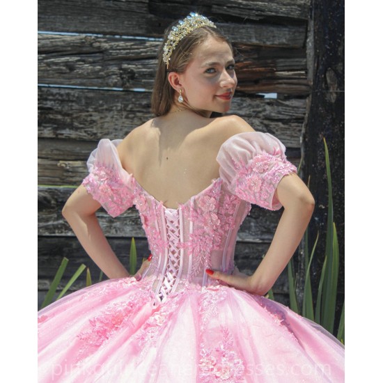 Pink Quince Dress Puff Sleeve Lace Appliques Birthday Party Gowns Sweetheart Crystal Girls Ball Gown Sweet 16 Dresses