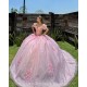 Pink Quince Dress Puff Sleeve Lace Appliques Birthday Party Gowns Sweetheart Crystal Girls Ball Gown Sweet 16 Dresses