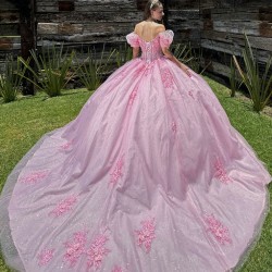 Pink Quince Dress Puff Sleeve Lace Appliques Birthday Party Gowns Sweetheart Crystal Girls Ball Gown Sweet 16 Dresses