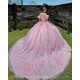 Pink Quince Dress Puff Sleeve Lace Appliques Birthday Party Gowns Sweetheart Crystal Girls Ball Gown Sweet 16 Dresses