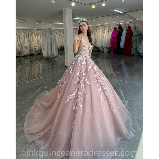 Pink Quince Dress V Neck Girls Sweet 16 Dresses Sequin Lace Appliques Vestidos De 15 Anos Sleeveless Wear Pageant