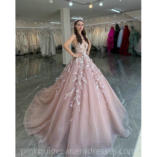 Pink Quince Dress V Neck Girls Sweet 16 Dresses Sequin Lace Appliques Vestidos De 15 Anos Sleeveless Wear Pageant