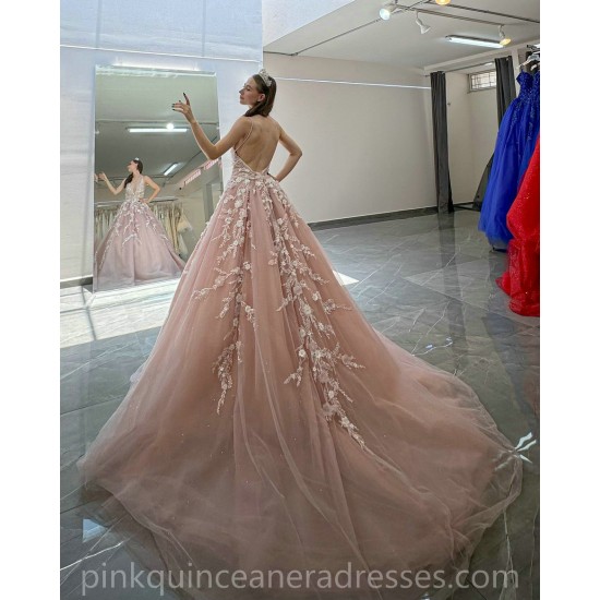 Pink Quince Dress V Neck Girls Sweet 16 Dresses Sequin Lace Appliques Vestidos De 15 Anos Sleeveless Wear Pageant