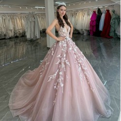 Pink Quince Dress V Neck Girls Sweet 16 Dresses Sequin Lace Appliques Vestidos De 15 Anos Sleeveless Wear Pageant