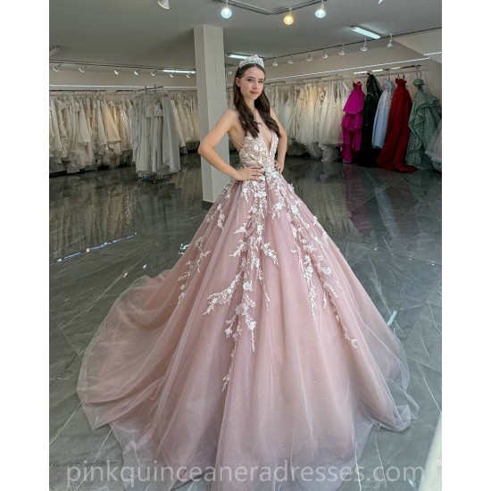 Pink Quince Dress V Neck Girls Sweet 16 Dresses Sequin Lace Appliques Vestidos De 15 Anos Sleeveless Wear Pageant