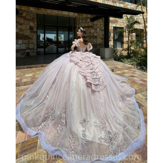 Lace Appliques Pink Quinceanera Dresses V Neck Off Shoulder 2024 Ball Gown Princess Dress Vestidos De 15 Anos With Bow