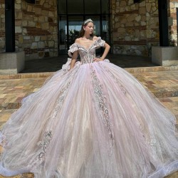 Lace Appliques Pink Quinceanera Dresses V Neck Off Shoulder 2024 Ball Gown Princess Dress Vestidos De 15 Anos With Bow